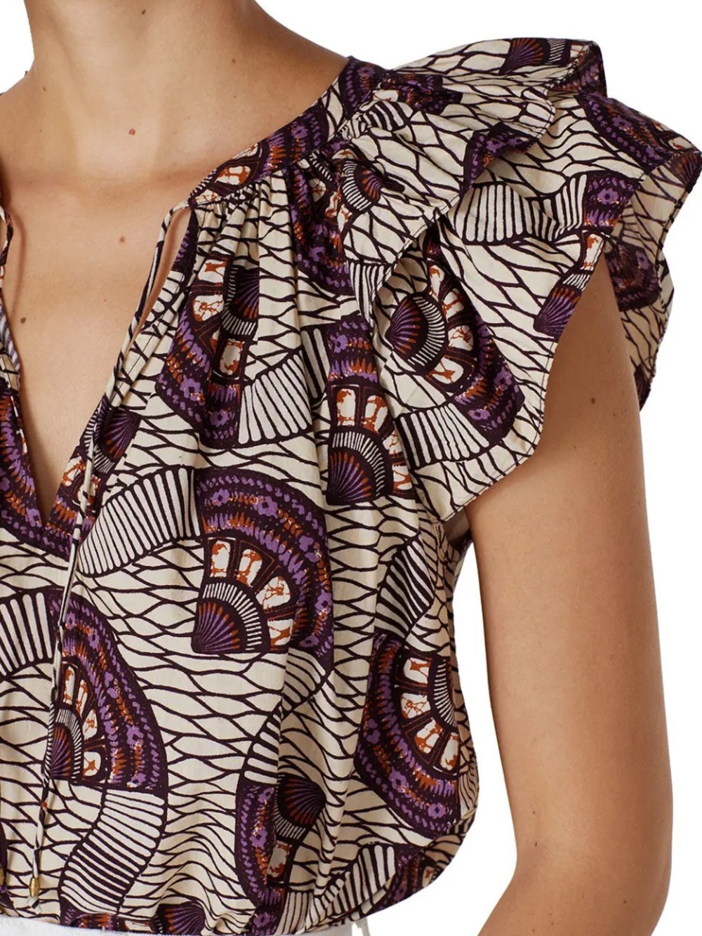 Ulla Johnson Ivory Blouse with Purple and Black Fan Print - Picture 4 of 9